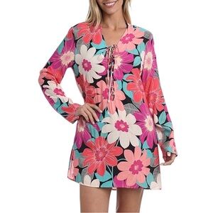 La Blanca Floral Lace Up Front In Full Bloom V-Neck Tunic Swim Cover Up XS